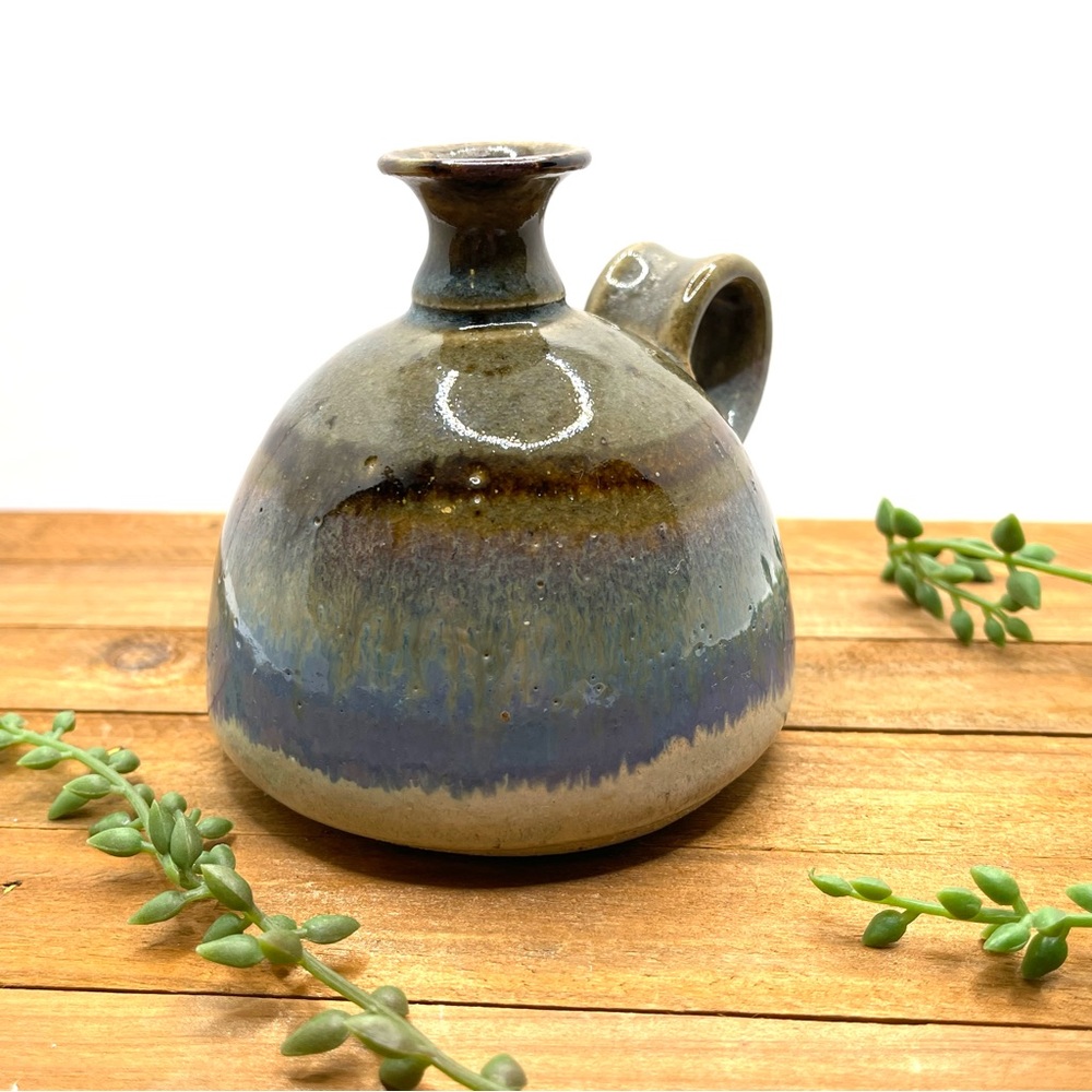 Rustic Studio Pottery Jug Vase: Hand-Thrown Brown & Blue Ceramic, 4”